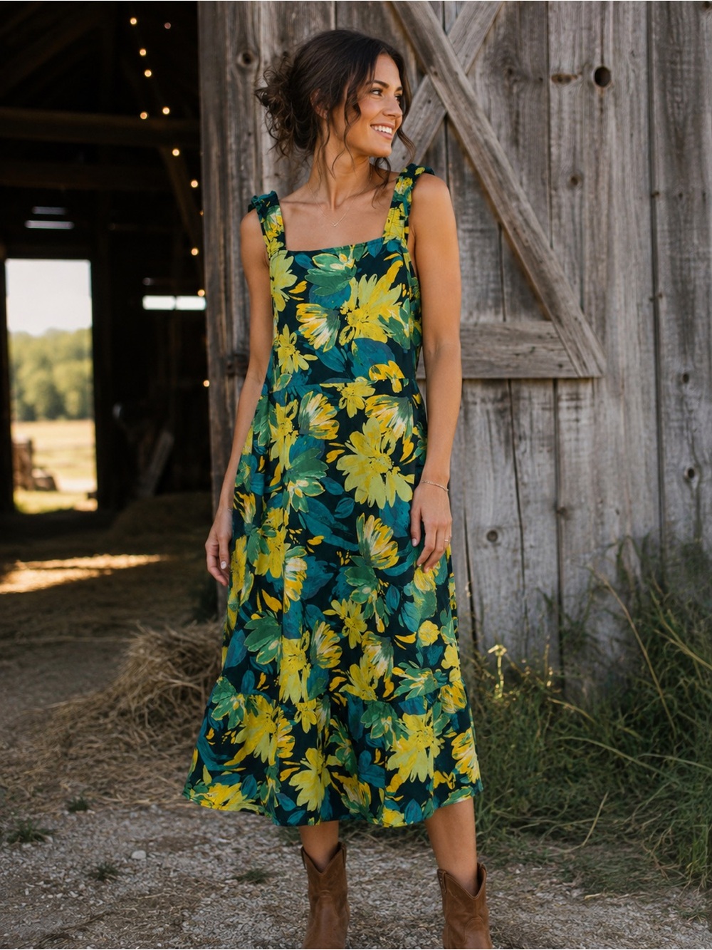 Chole+ReneSquare-Neck Floral Maxi Dress in Teal, Yellow & Green 100% cotton